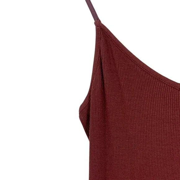 V-Neck Ribbed Bodysuit w/ Thin Straps and Snap Crotch Burgundy/Maroon - Picture 3 of 6
